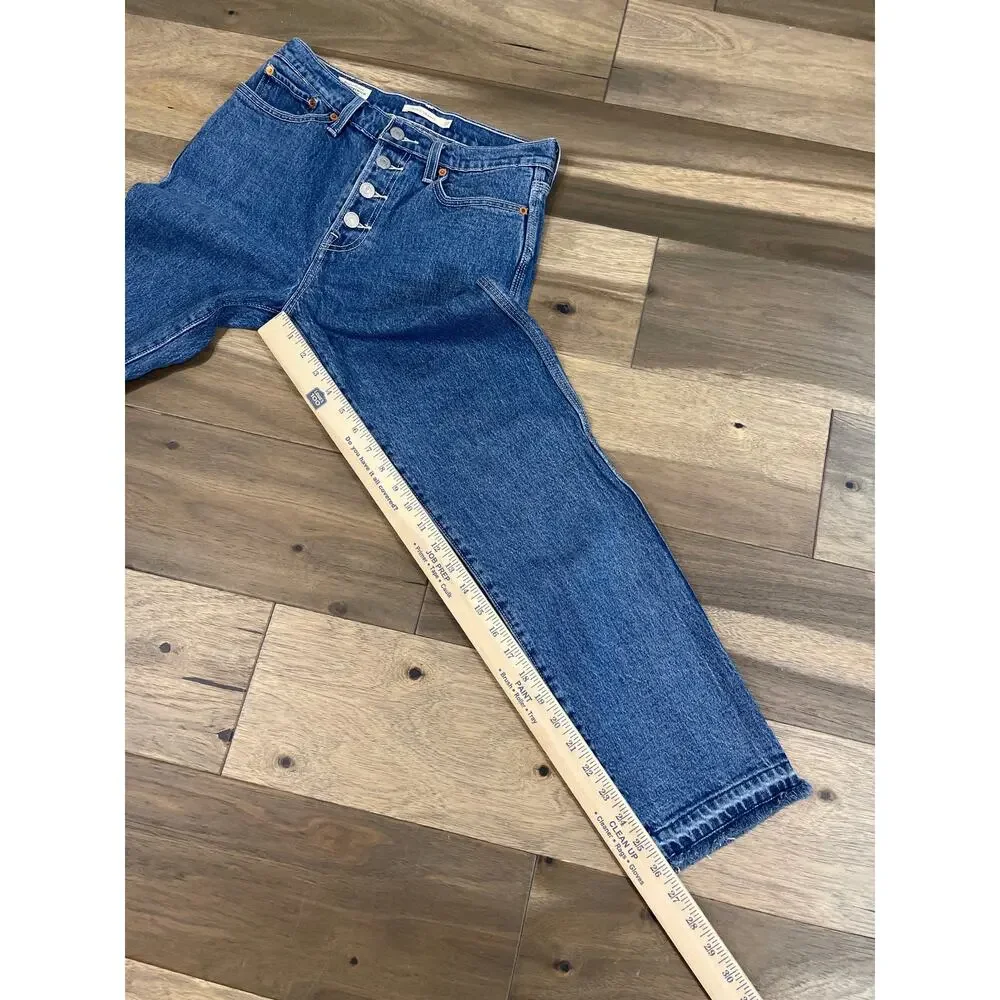 Levi’s Premium Wedgie Straight Cropped High Rise Button Fly Raw Hem Cotton Denim